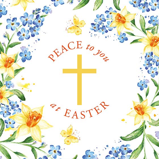 White background with a floral border and a yellow cross in the middle