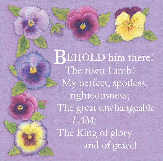 Purple background with water colour viola flower heads and a hymn verse.