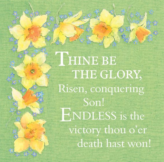 A green background with watercolour daffodil heads and a hymn verse